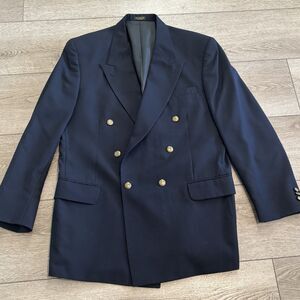 Oscar de la Renta 43L Blazer Wool Dark‎ Navy Blue Gold Button Vintage Sport Coat